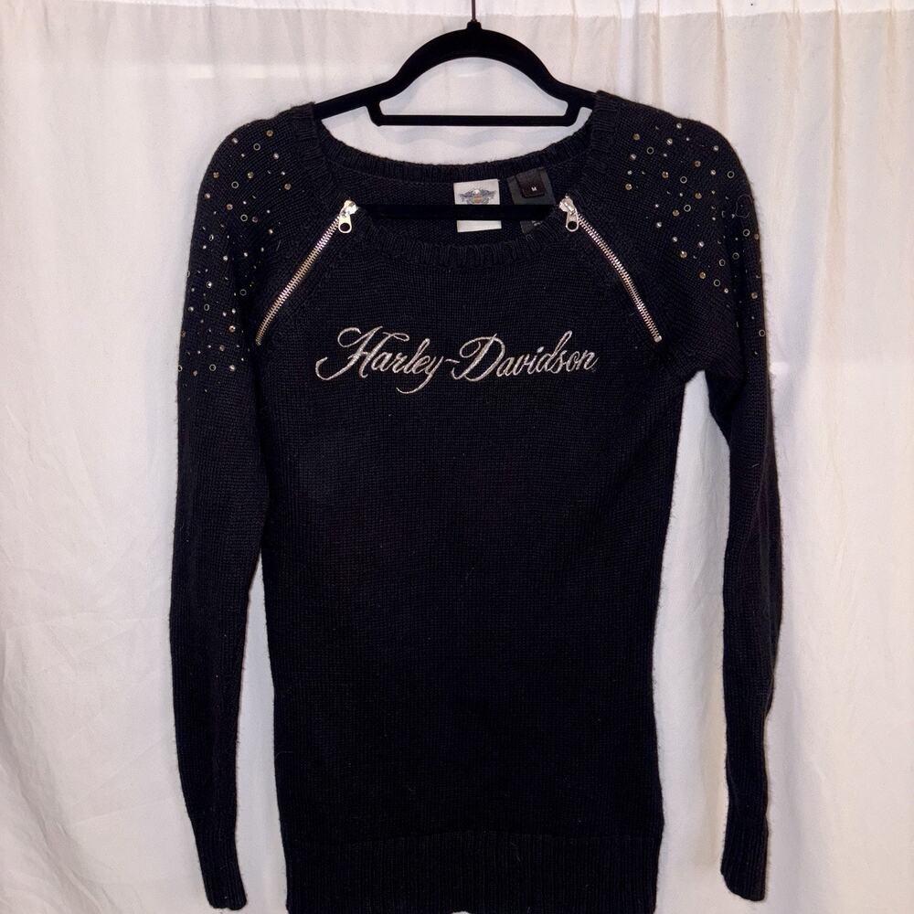 HARLEY DAVIDSON Black Women's Sweater Size Medium Long Sleeve Zippered EUC